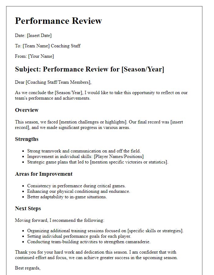 Letter template of sports team performance review