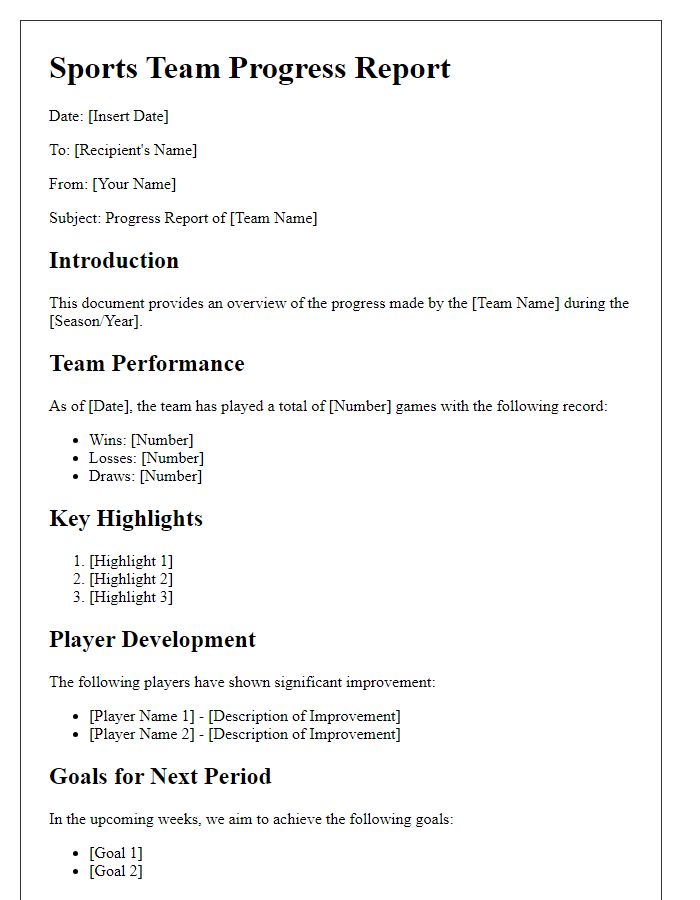 Letter template of sports team progress report