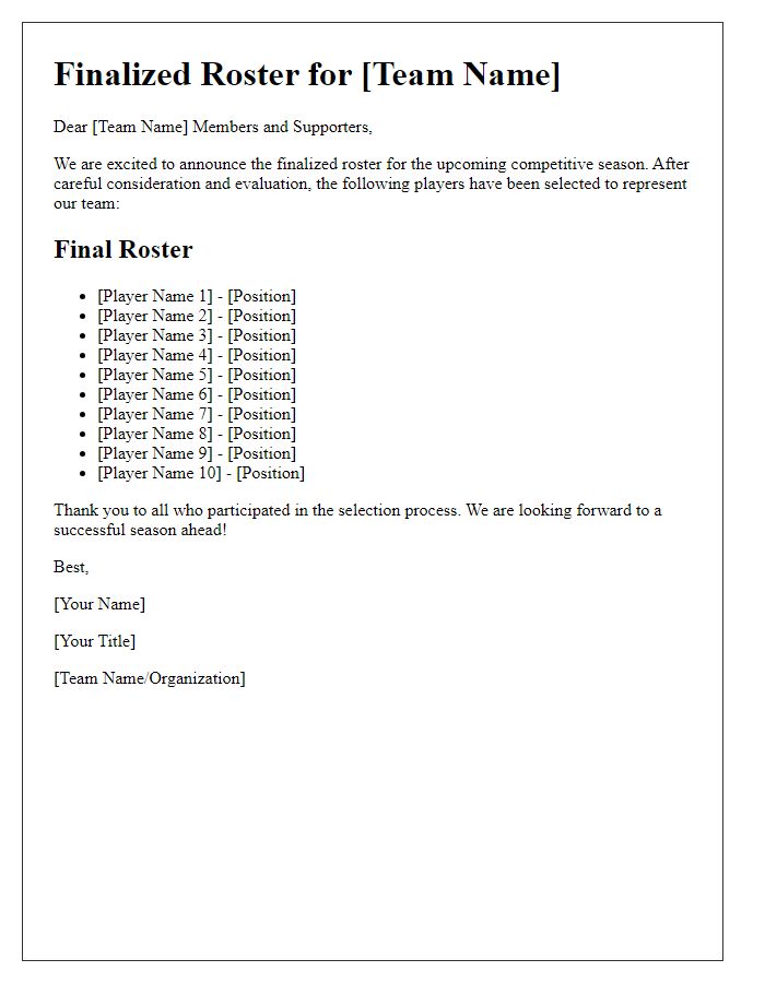 Letter template of finalized roster for competitive team.