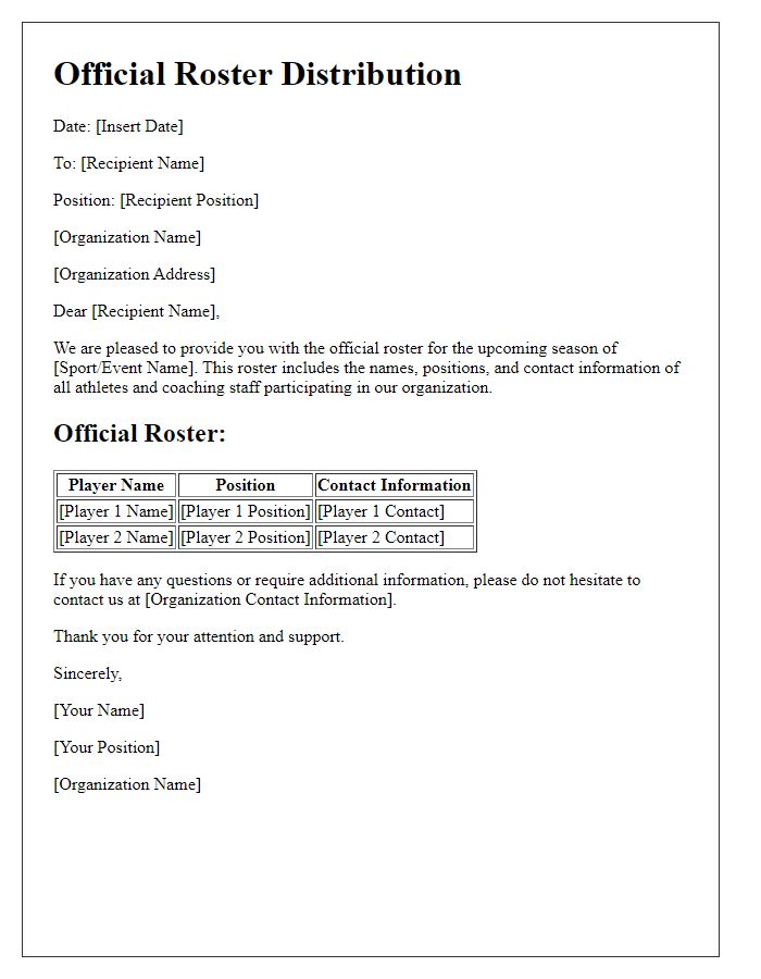 Letter template of official roster distribution for sports organization.