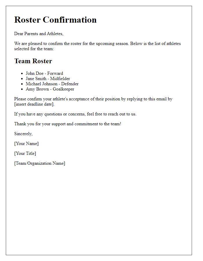 Letter template of roster confirmation for athletes and parents.