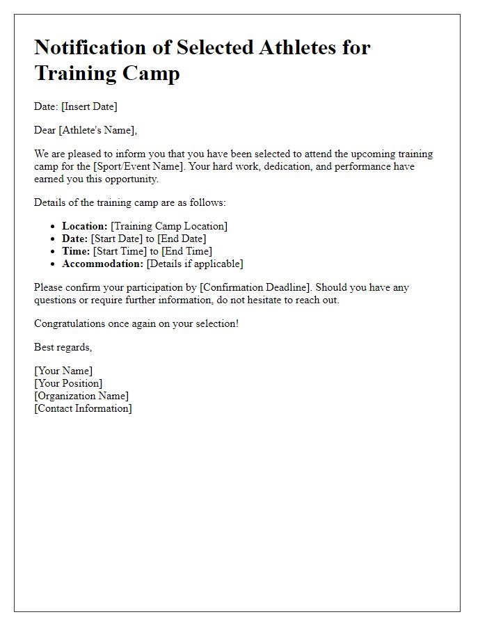 Letter template of selected athletes notification for training camp.