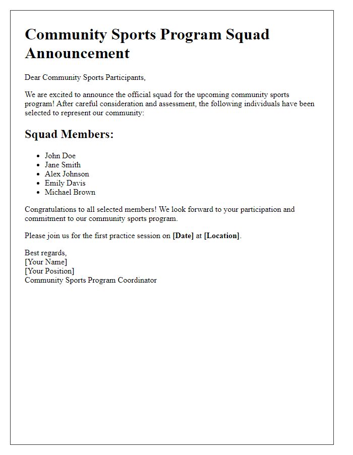 Letter template of squad announcement for community sports program.