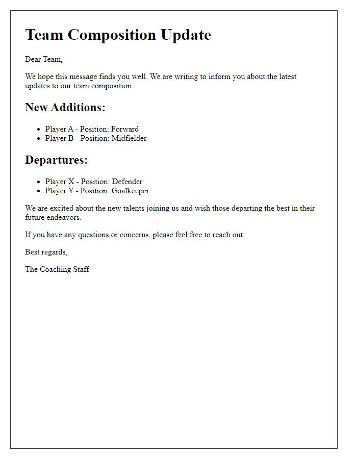 Letter template of team composition update for players.