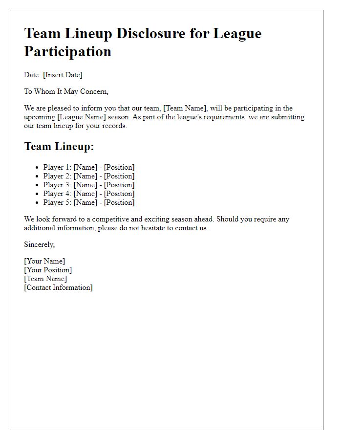 Letter template of team lineup disclosure for league participation.