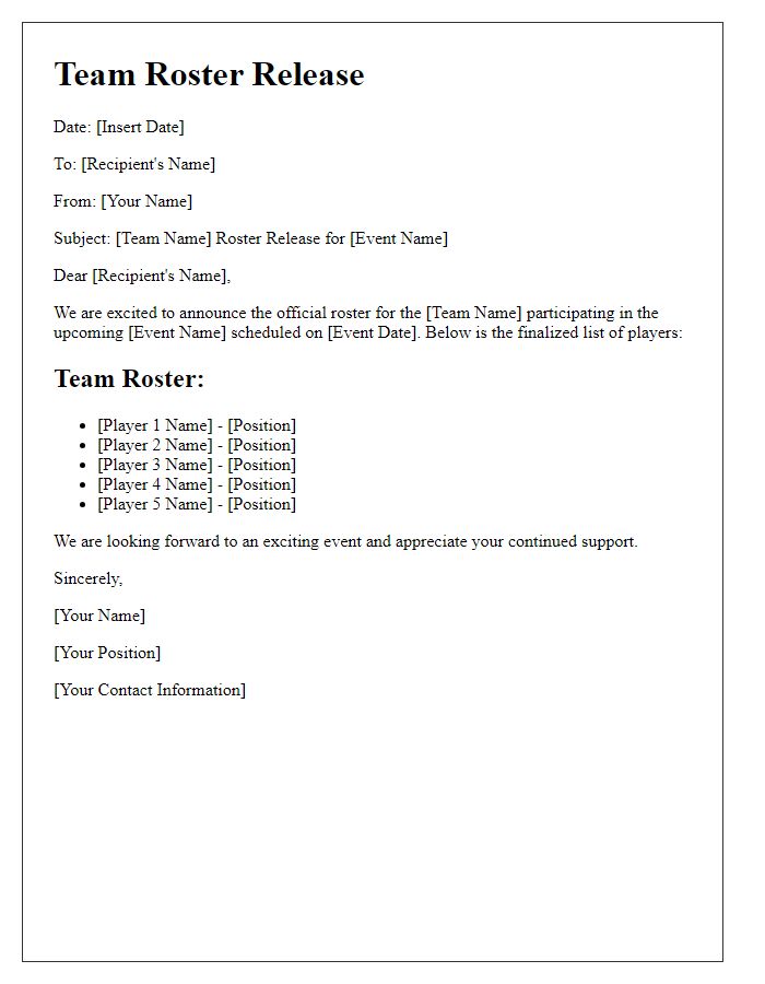 Letter template of team roster release for sports event.