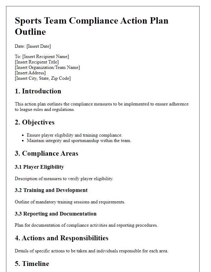 Letter template of sports team compliance action plan outline