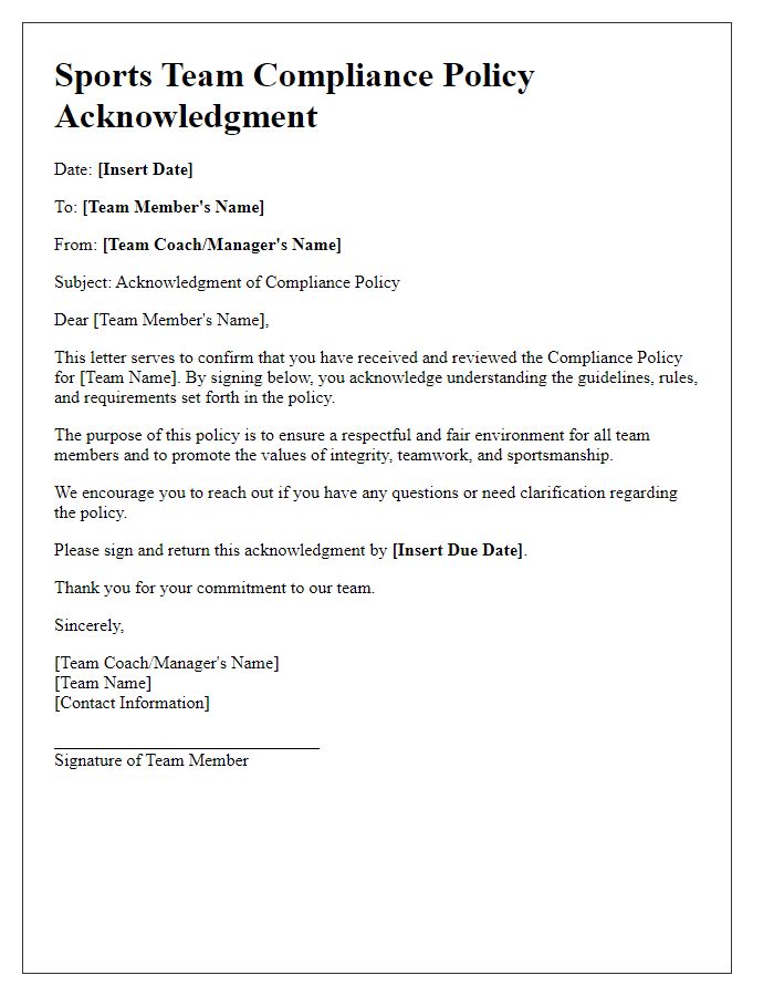 Letter template of sports team compliance policy acknowledgment