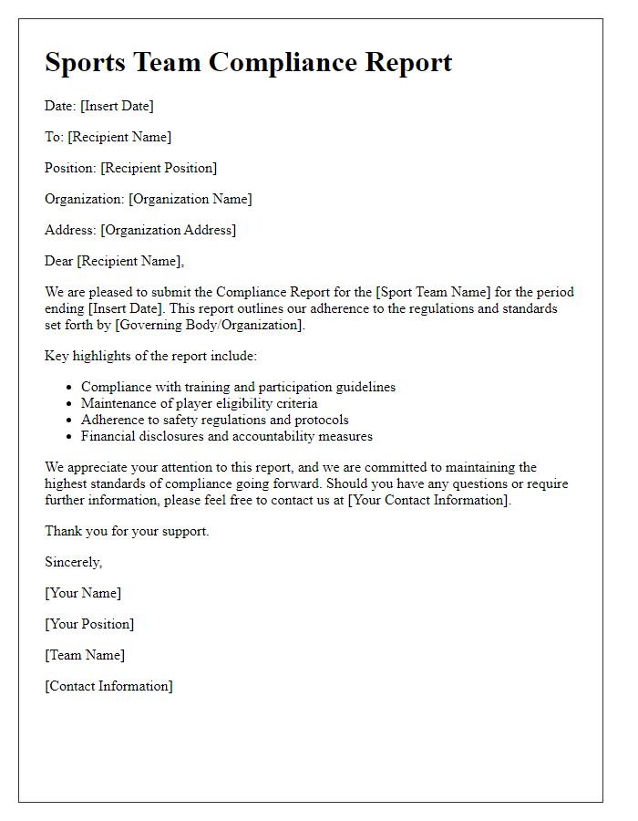 Letter template of sports team compliance report submission