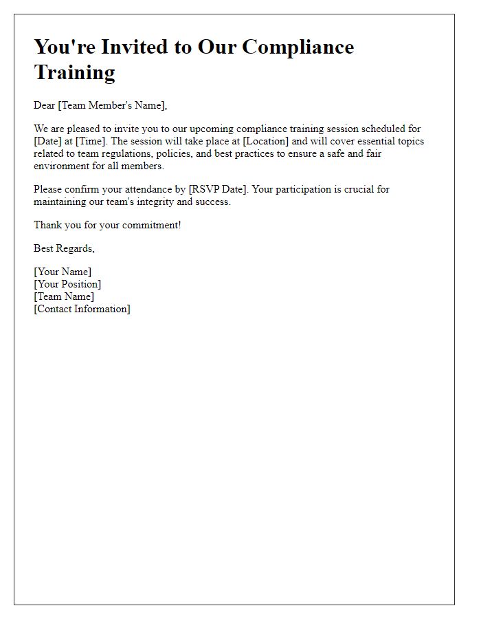 Letter template of sports team compliance training invitation