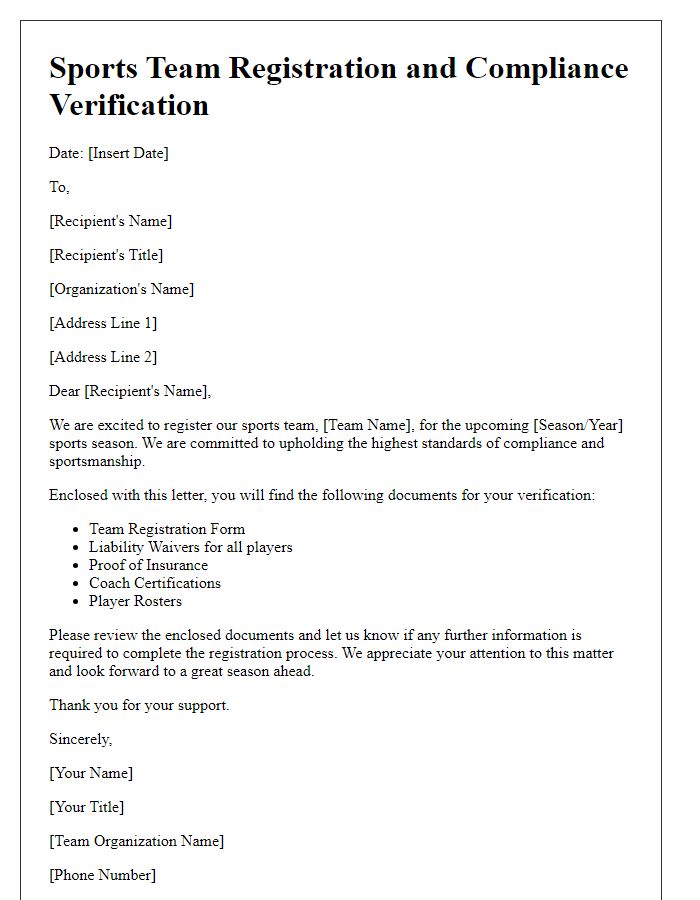 Letter template of sports team registration and compliance verification