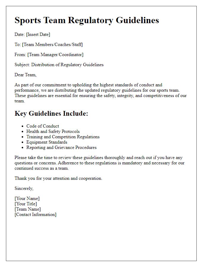 Letter template of sports team regulatory guideline distribution