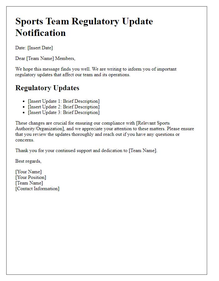 Letter template of sports team regulatory update notification