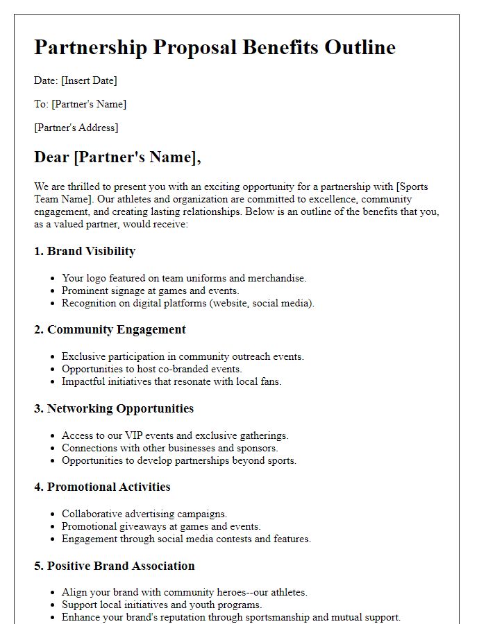 Letter template of benefits outline for sports team partnership proposal