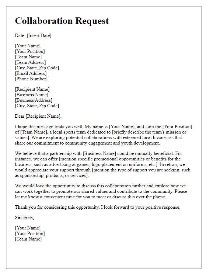 Letter template of collaboration request for sports team and local business