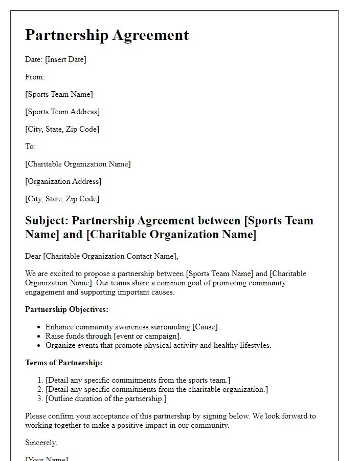 Letter template of partnership agreement for sports team and charitable organization