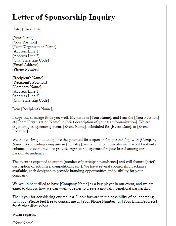 Letter template of sponsorship inquiry for sports team event support