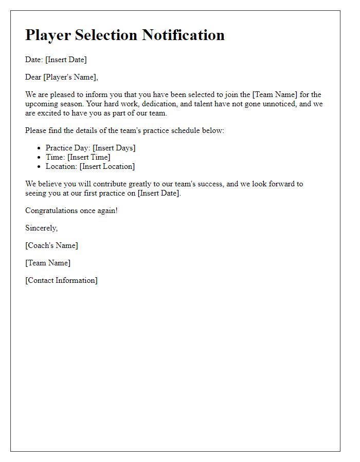 Letter template of sports team player selection