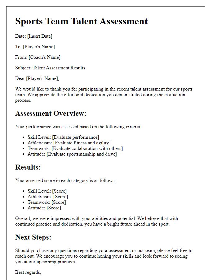 Letter template of sports team talent assessment