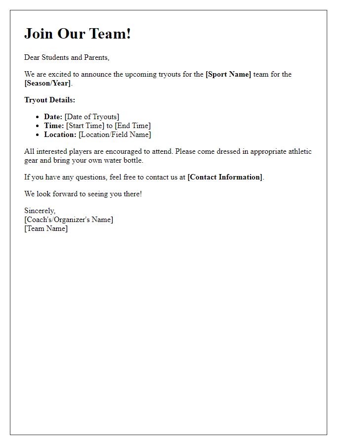 Letter template of sports team tryout announcement