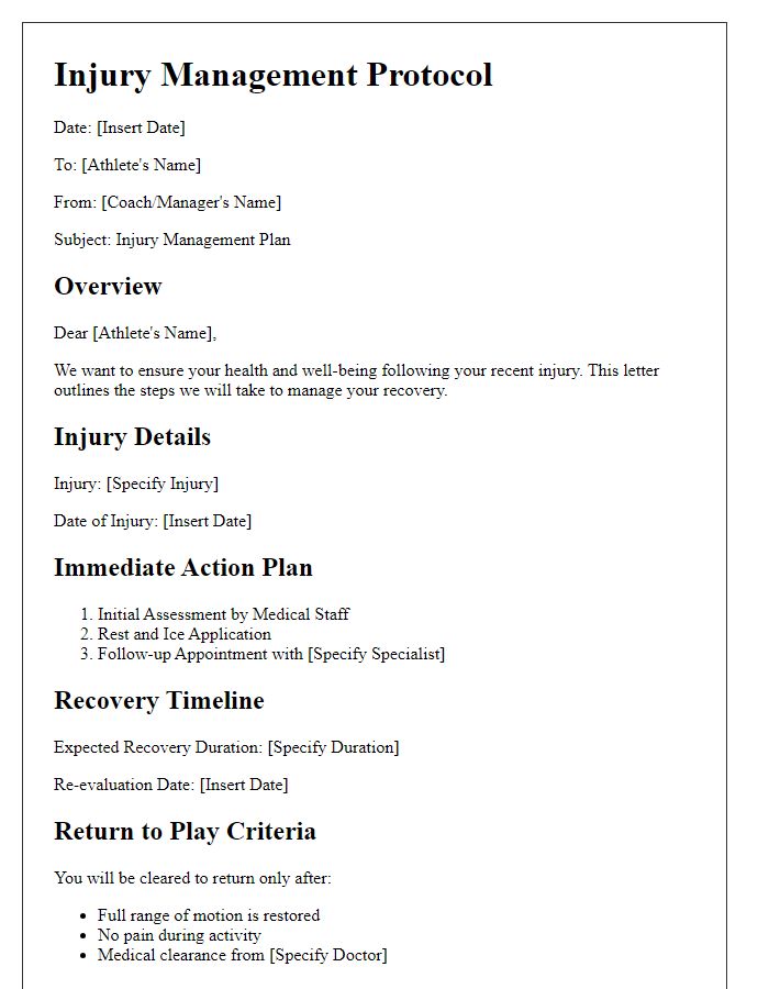 Letter template of sports team athlete injury management