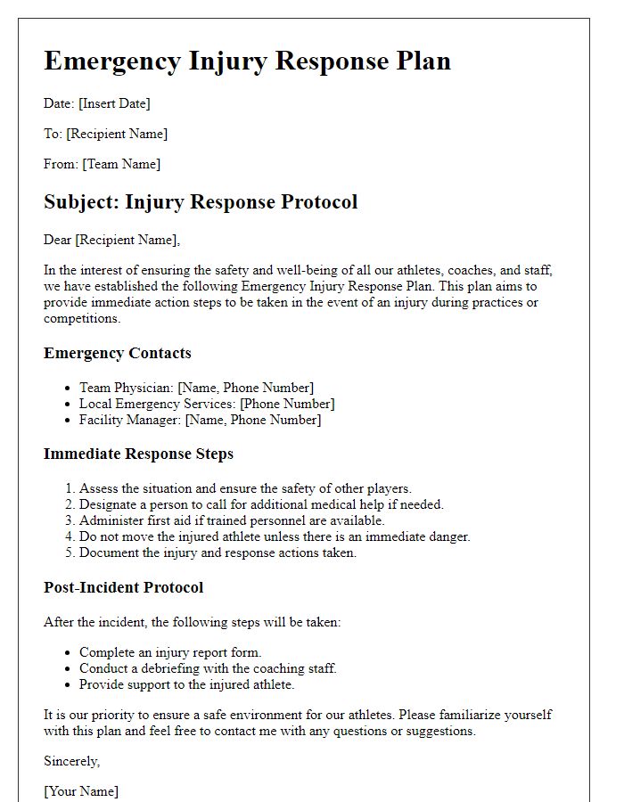 Letter template of sports team emergency injury response plan