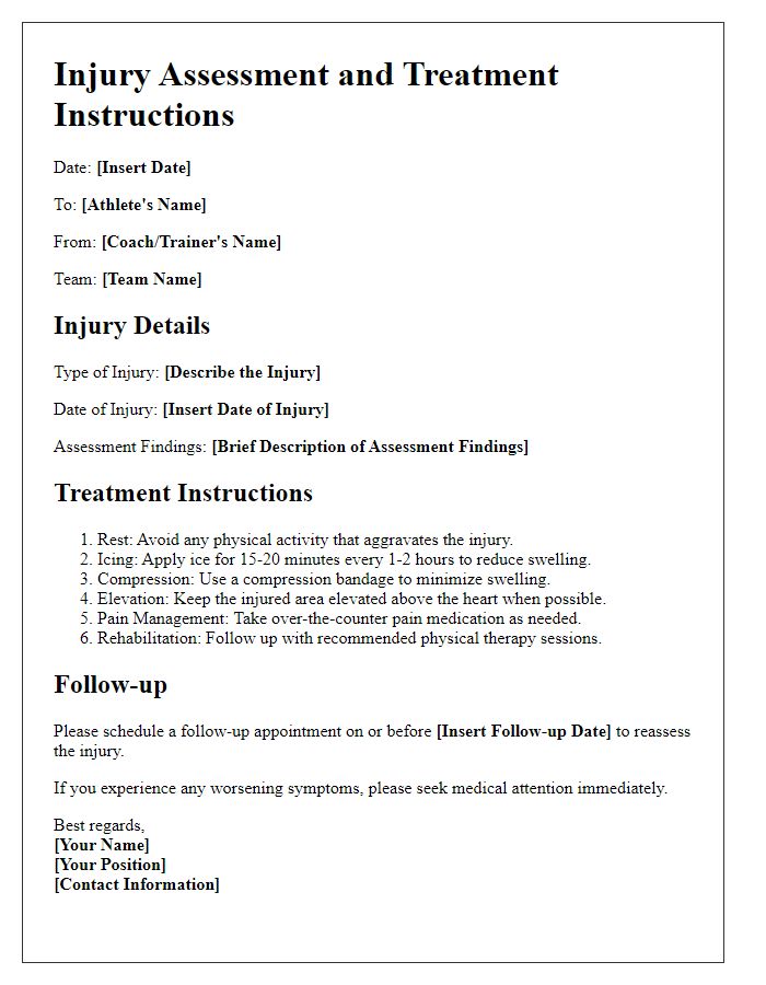 Letter template of sports team injury assessment and treatment instructions