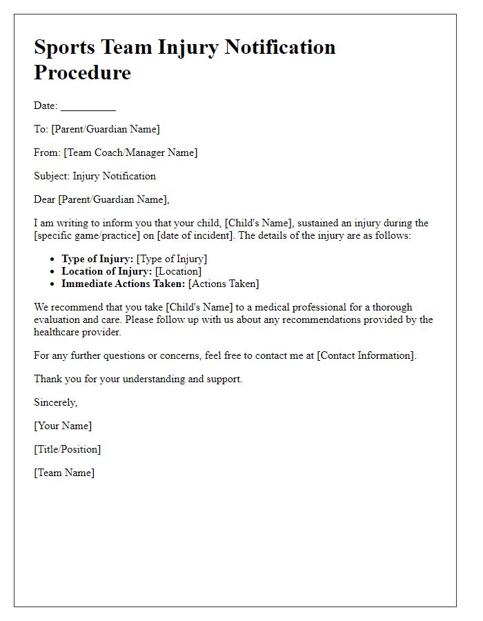 Letter template of sports team injury notification procedure