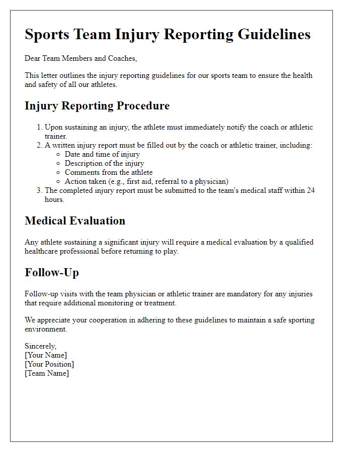 Letter template of sports team injury reporting guidelines