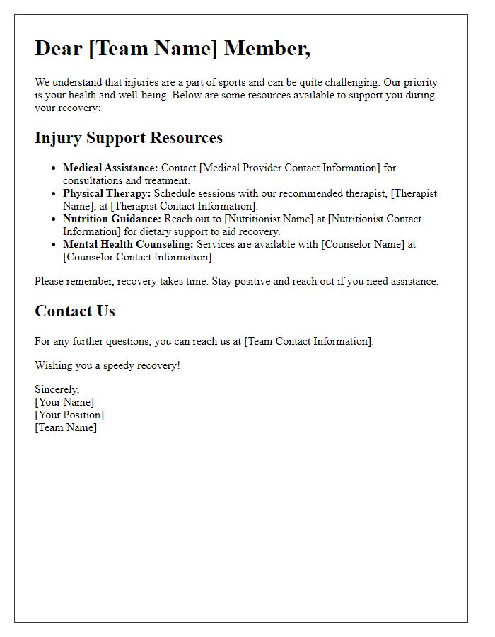 Letter template of sports team injury support resources