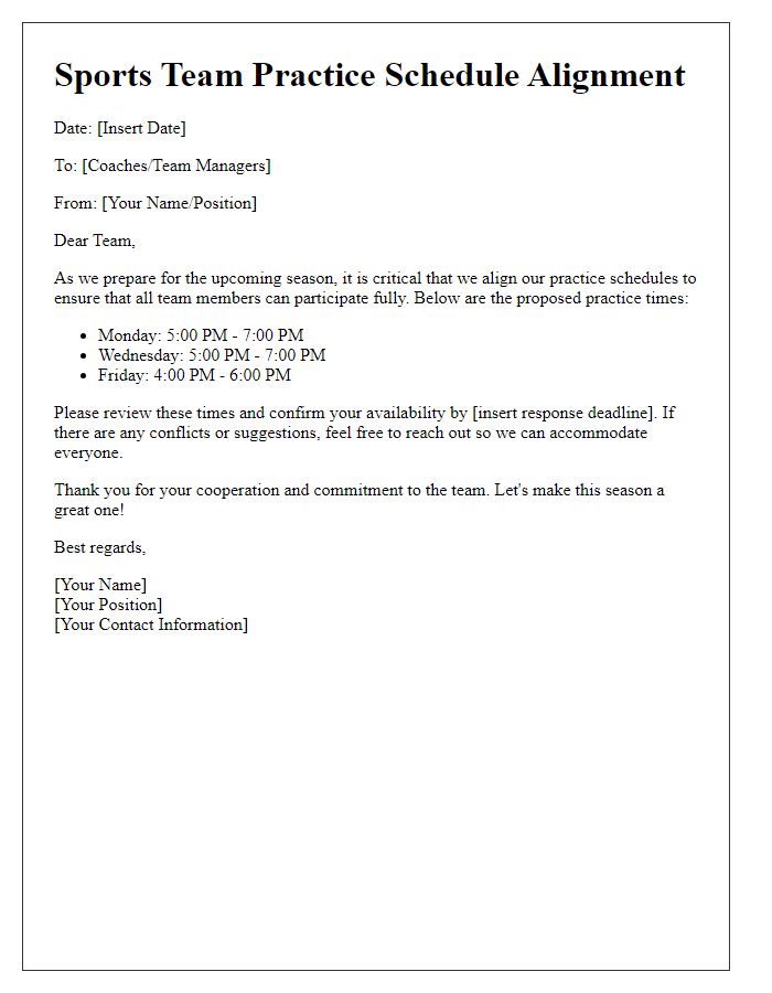 Letter template of sports team alignment for practice scheduling