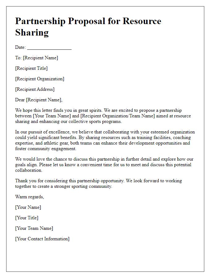 Letter template of sports team partnership for resource sharing