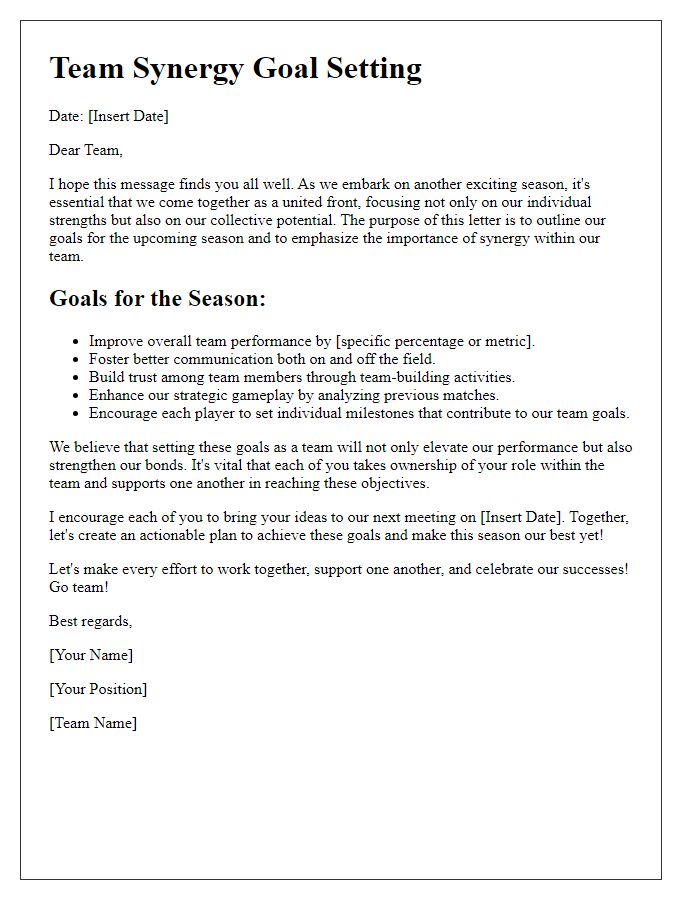 Letter template of sports team synergy for goal setting