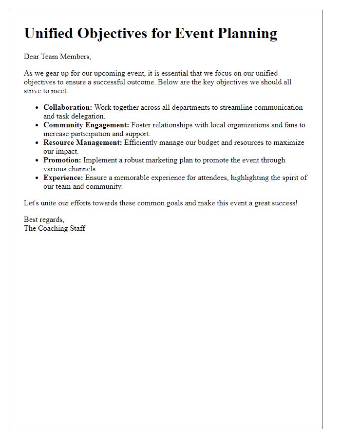 Letter template of sports team unified objectives for event planning