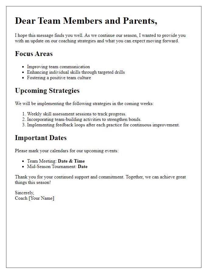 Letter template of sports team coaching strategies update