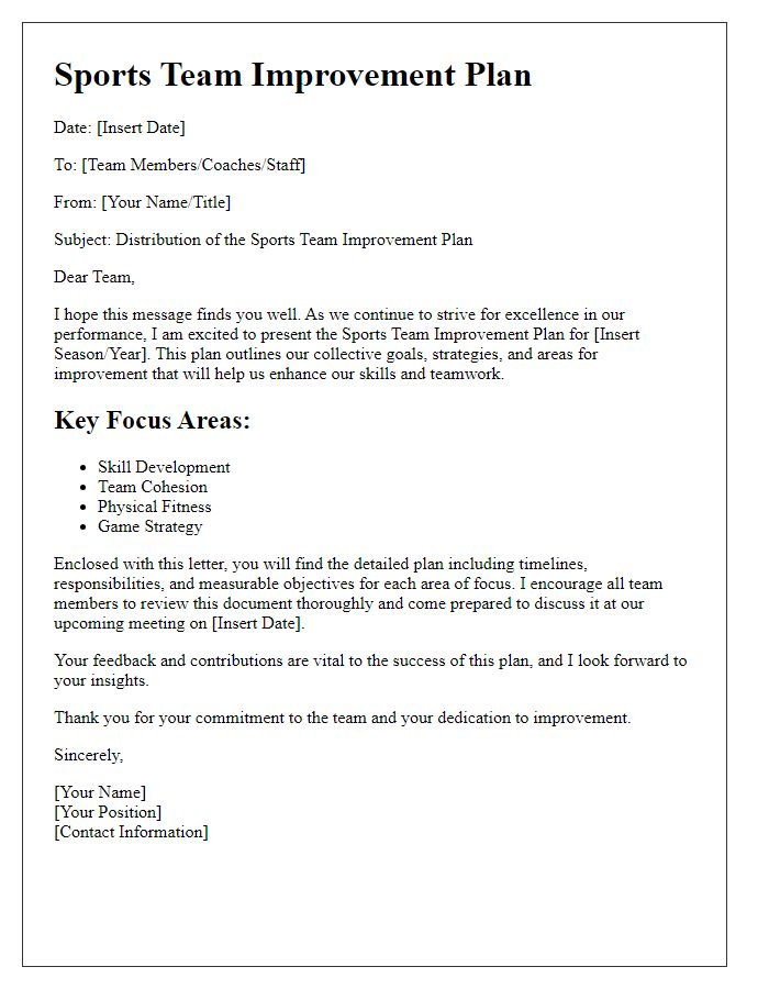 Letter template of sports team improvement plan distribution