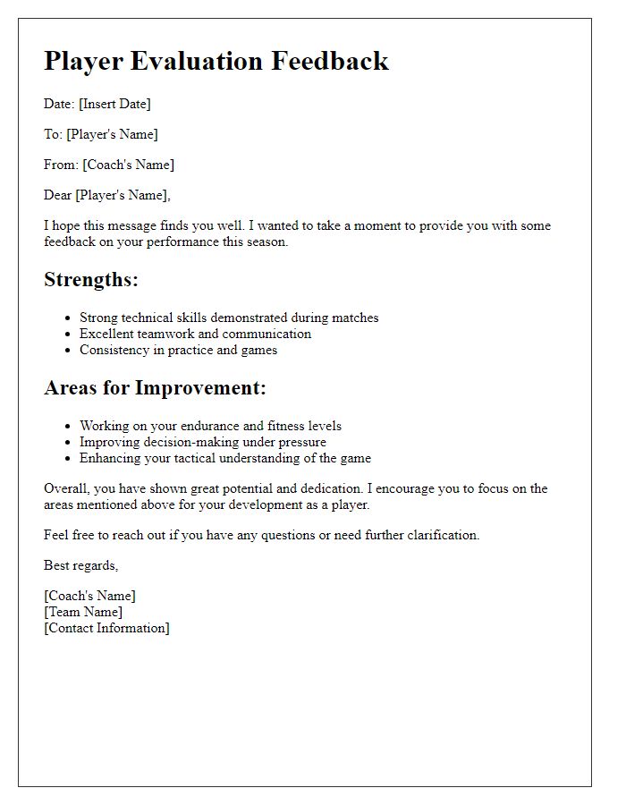 Letter template of sports team player evaluation feedback