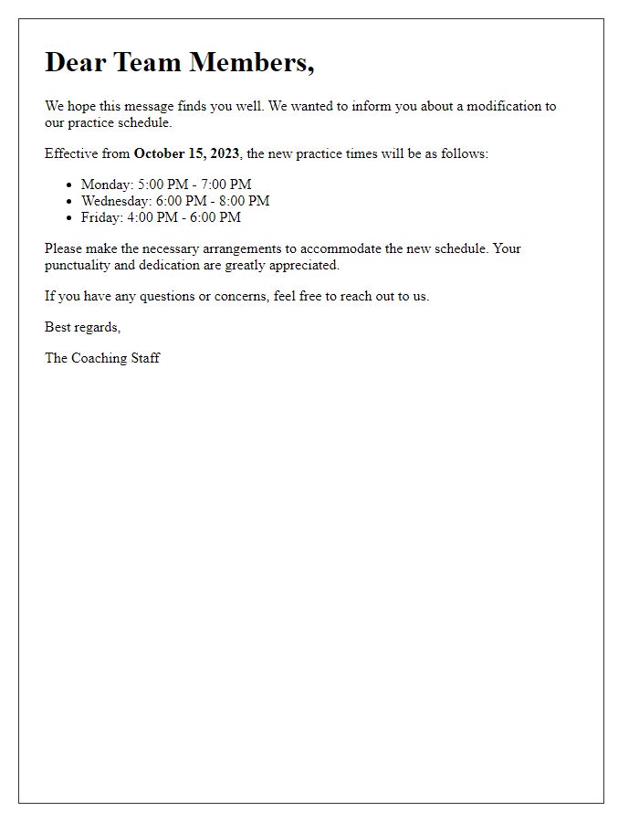 Letter template of sports team practice schedule modification