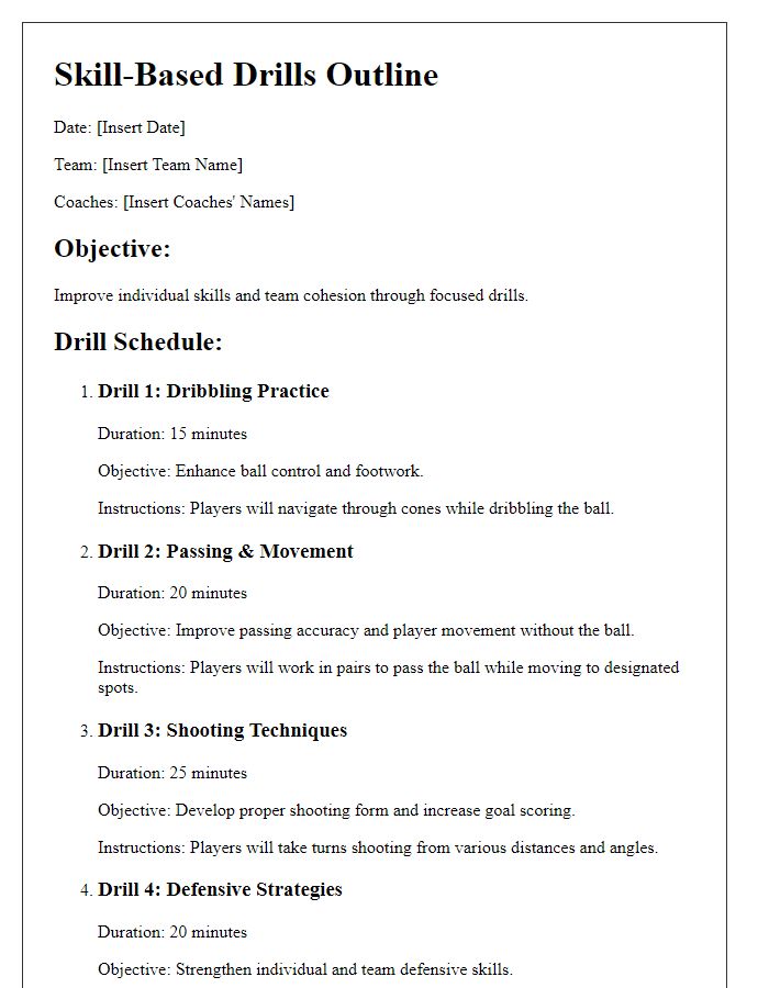 Letter template of sports team skill-based drills outline