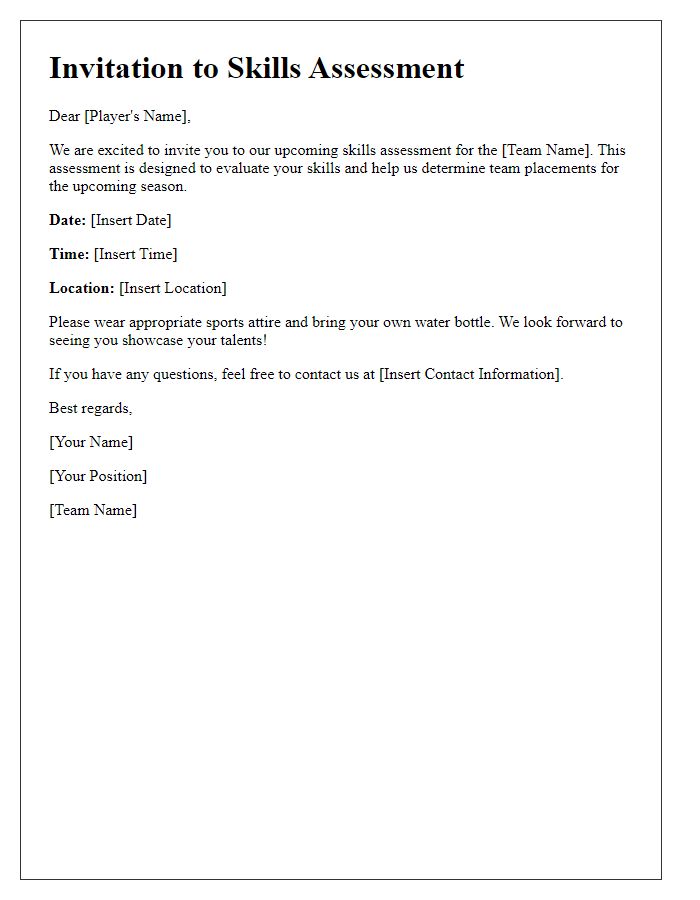 Letter template of sports team skills assessment invitation