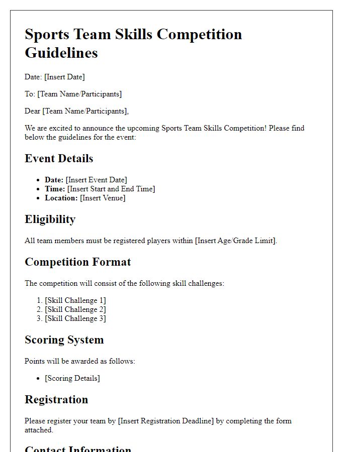 Letter template of sports team skills competition guidelines