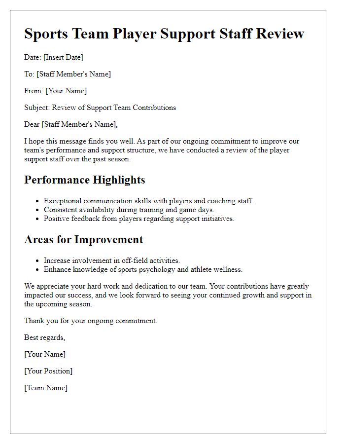 Letter template of sports team player support staff review