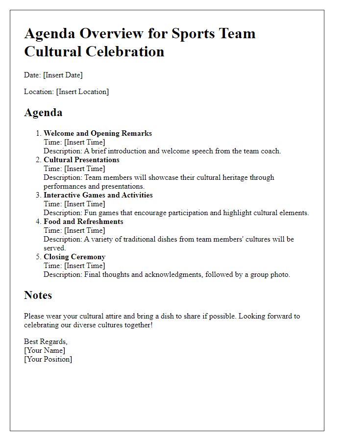 Letter template of agenda overview for sports team cultural celebration activities.