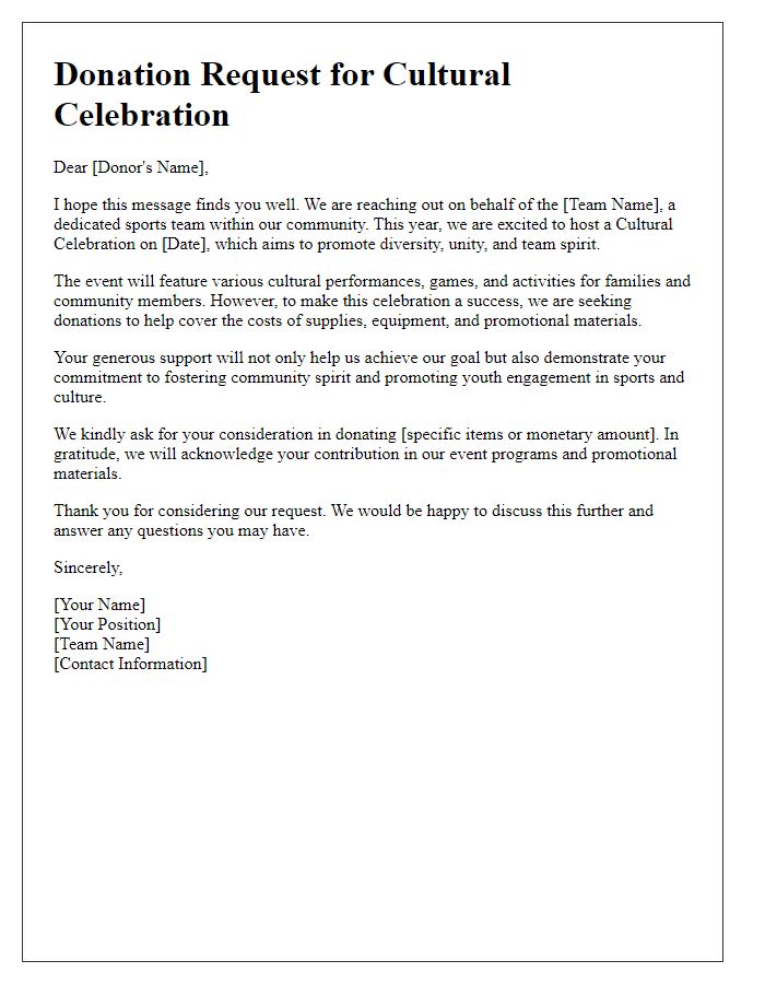 Letter template of donation request for sports team cultural celebration.