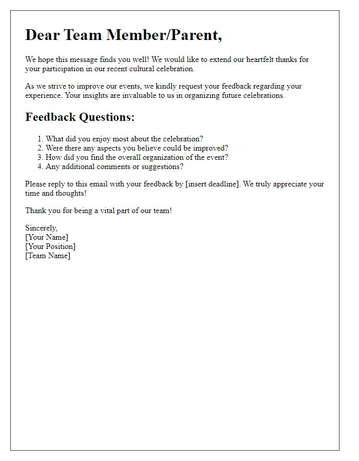 Letter template of feedback request for sports team cultural celebration.