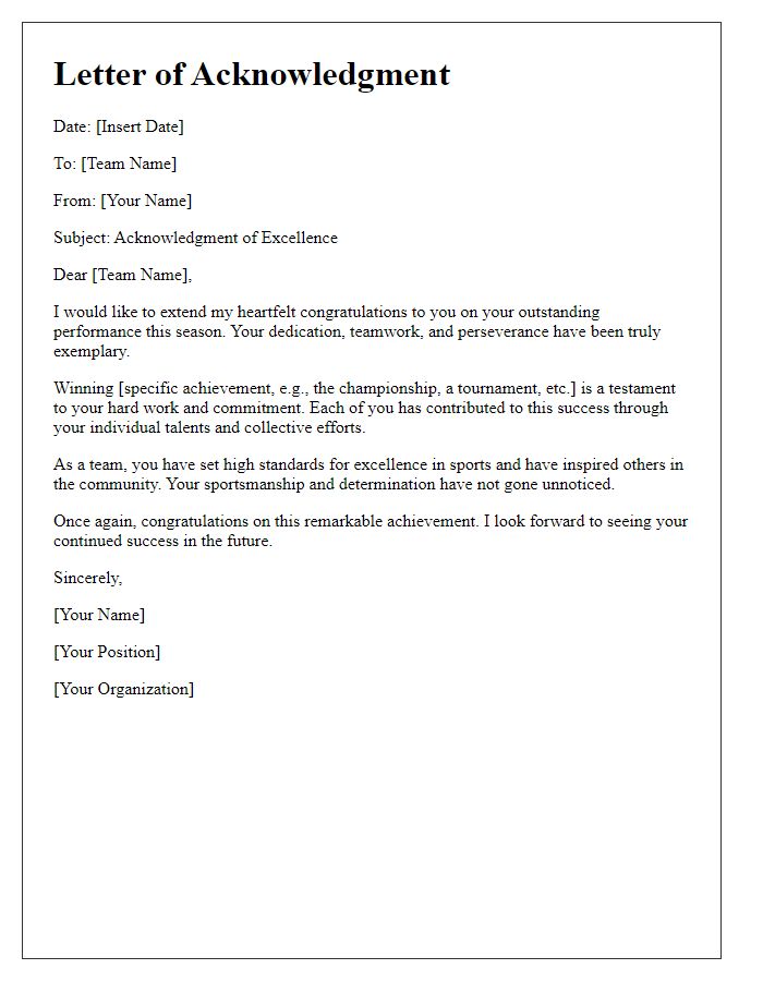 Letter template of acknowledgment for sports team excellence.