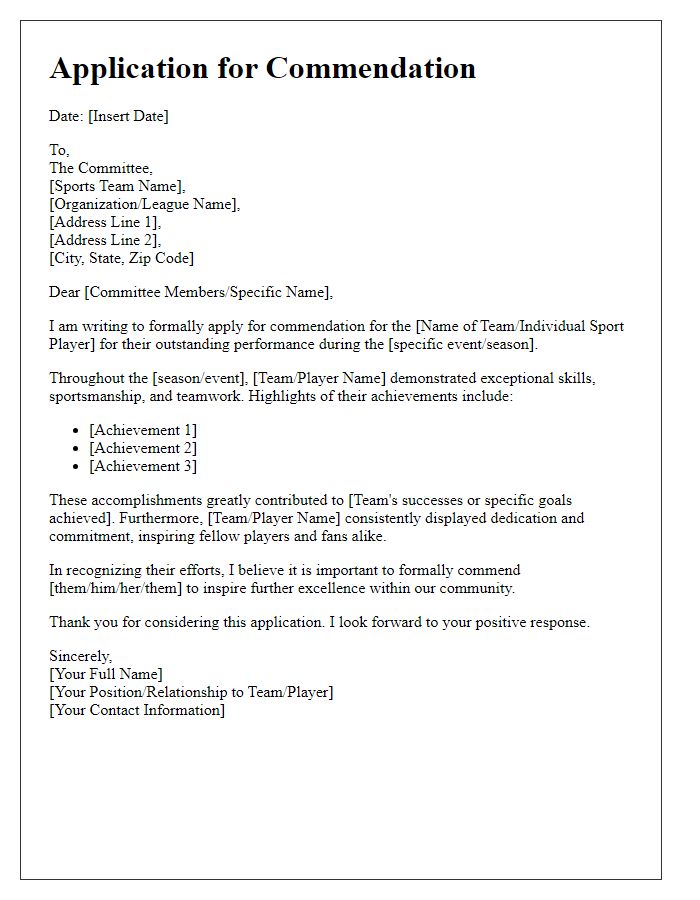 Letter template of application for sports team commendations.