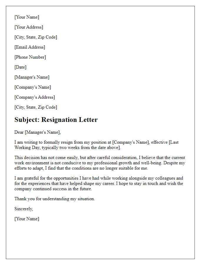 Letter template of resignation driven by unfavorable job environment.