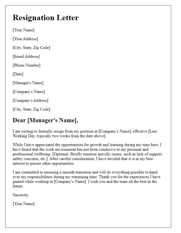 Letter template of resignation due to inadequate work environment.