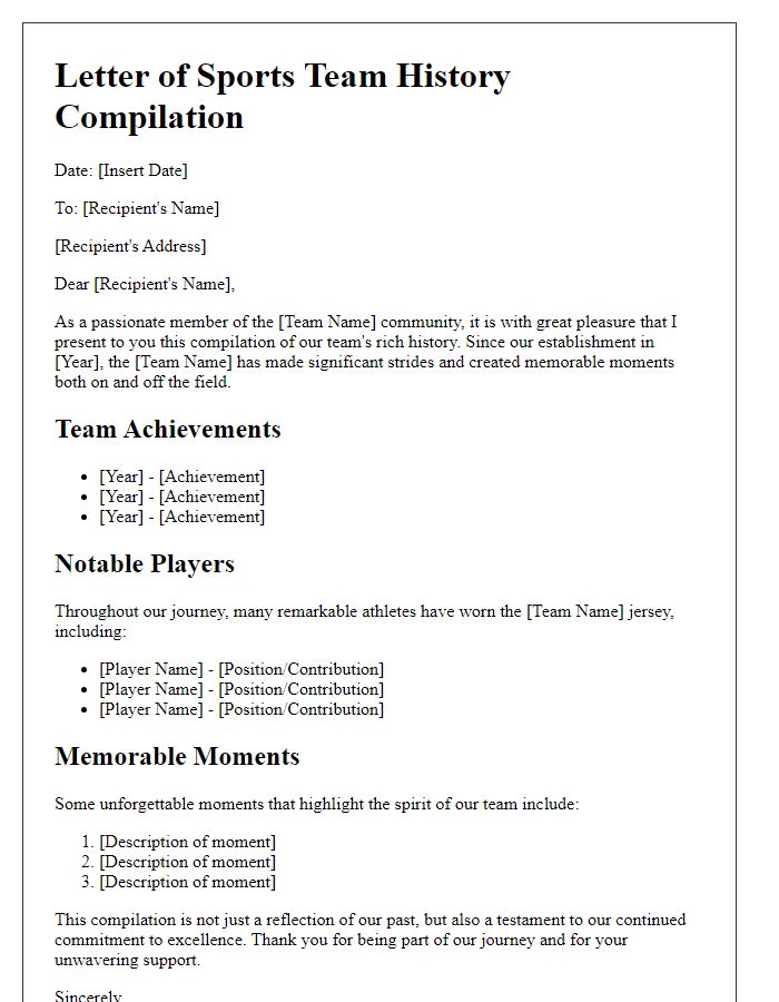 Letter template of sports team history compilation